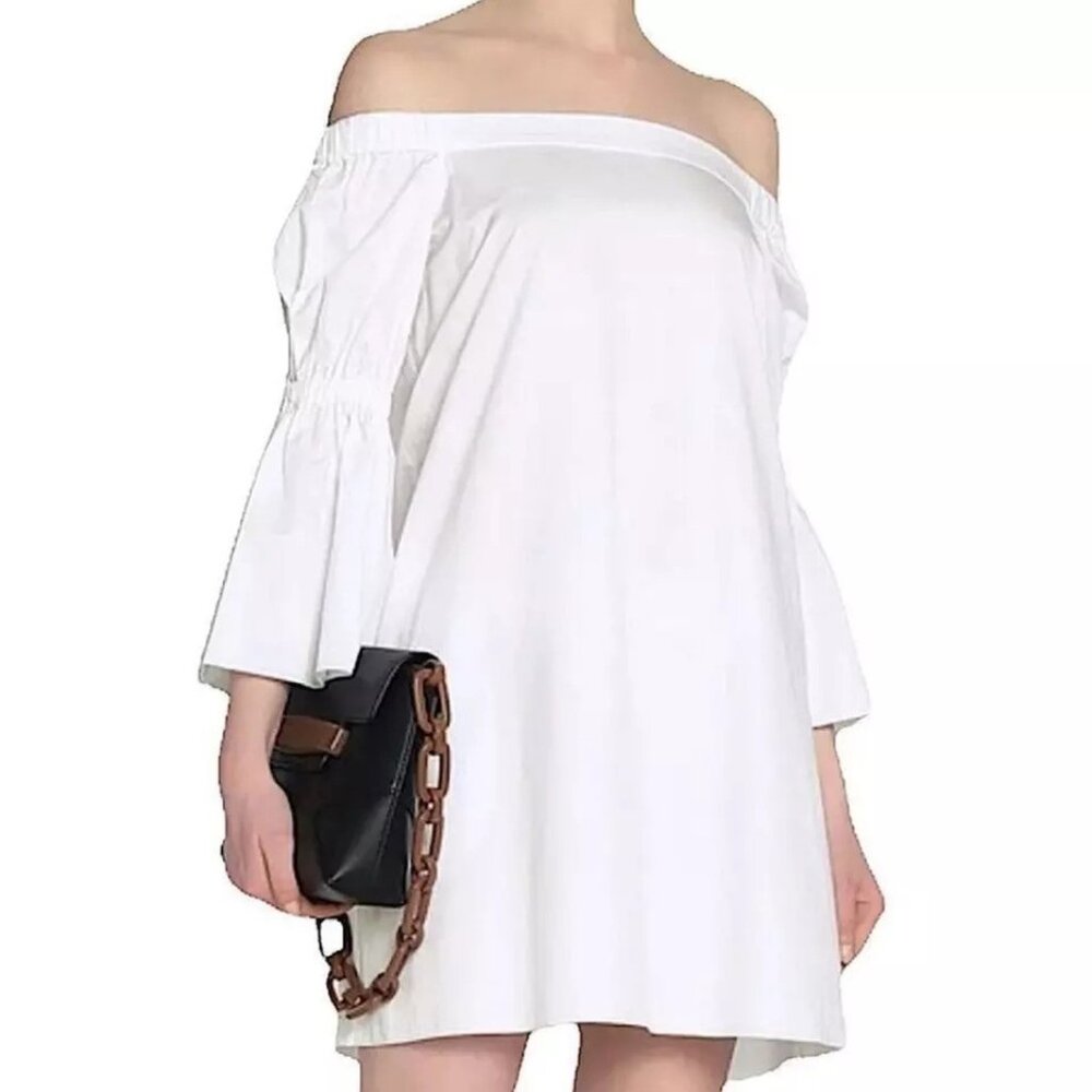 Tibi Mini Shift Dress Off-The-Shoulder Bateau Neck Bell Sleeve Sz 4 White NEW - Picture 13 of 13